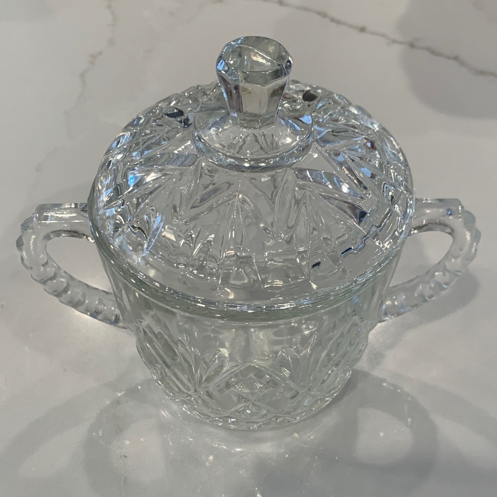 Vintage Depression Cutglass Sugar Bowl with Lid and handles- Lovely piece!